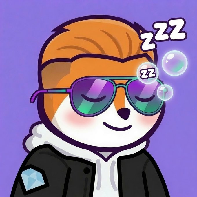 A cartoon illustration of an orange fox-like character wearing gradient sunglasses and a black jacket, sleeping with 'zzz' symbols and bubbles floating around it against a purple background.