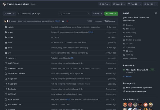 A screenshot of the GitHub repository page for 'thus-spoke-zakuru', showing recent commits, branches, and contributor activity on the right sidebar.