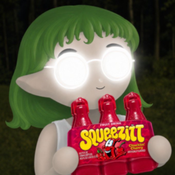 A 3D rendered character with green hair and glowing white round glasses holds a 4-pack of 'Squeezitt Chucklin' Cherry' fruit drink.