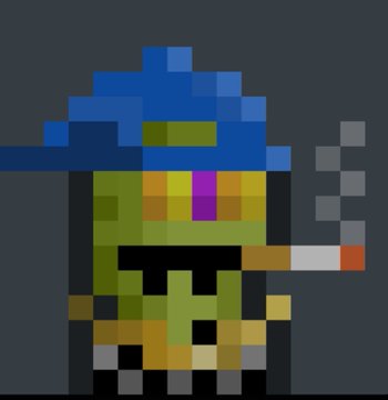 Pixel art character wearing a blue witch hat and green clothing, holding a smoking cigarette.