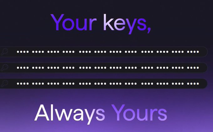 A minimalist dark purple graphic displaying the text 'Your keys, Always Yours' above three rows of dotted password/key fields with key icons.