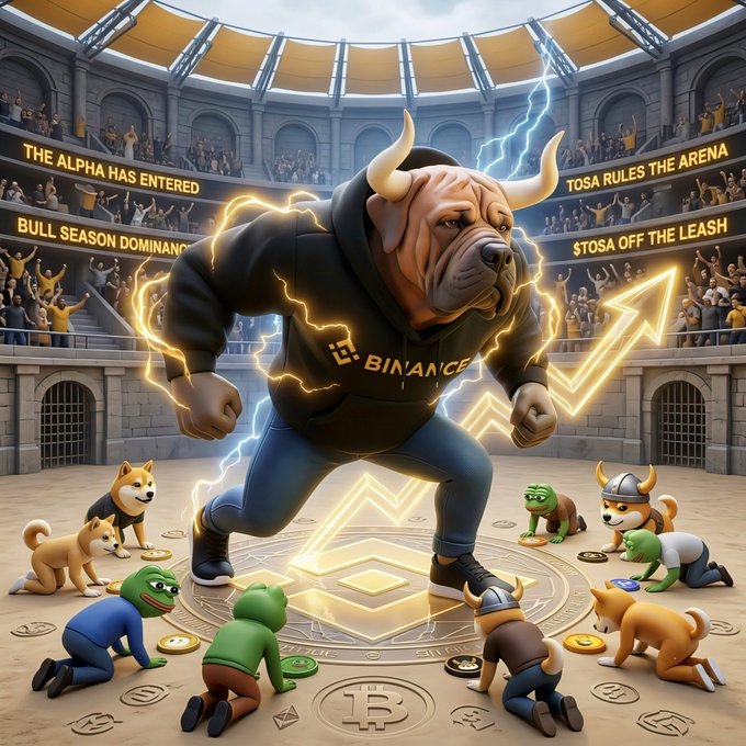 A cartoonish muscular bull wearing a Binance hoodie stands triumphantly in a gladiator arena, surrounded by defeated Shiba Inu and Pepe figures, with banners reading 'THE ALPHA HAS ENTERED', 'BULL SEASON DOMINANCE', and '$TOSA OFF THE LEASH'.