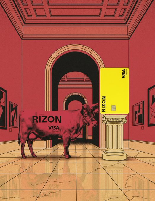 A stylized red-toned illustration of an art gallery with a cow labeled 'RIZON VISA' standing next to a yellow credit card on a column, both bearing the 'RIZON' and 'VISA' branding.