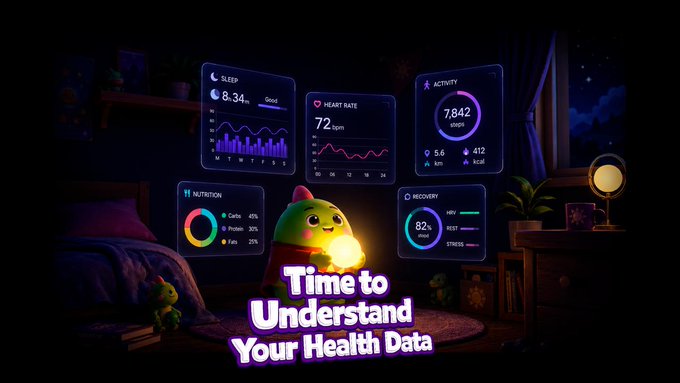 A promotional health dashboard graphic with floating panels showing Sleep (8h 34m), Heart Rate (72 bpm), Activity (7,842 steps), Nutrition, and Recovery (82%) metrics, with a small green character and the tagline 'Time to Understand Your Health Data'.