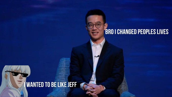 A smiling man in a suit sits in a blue interview setting, with meme text reading “BRO I CHANGED PEOPLES LIVES” and “WANTED TO BE LIKE JEFF” beside an anime character. The image accompanies the post’s Hyperliquid joke contrasting Jeff’s successful airdrop with Jez’s allegedly unsellable, endlessly diluted token.