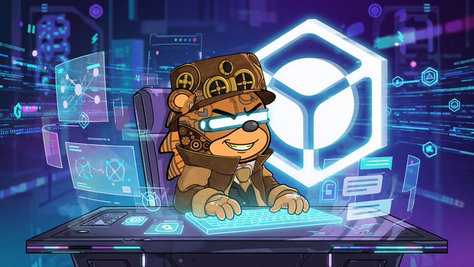 A cartoon illustration of a steampunk-style monkey wearing goggles and a top hat, typing on a holographic keyboard with a glowing 3D cube in the background.