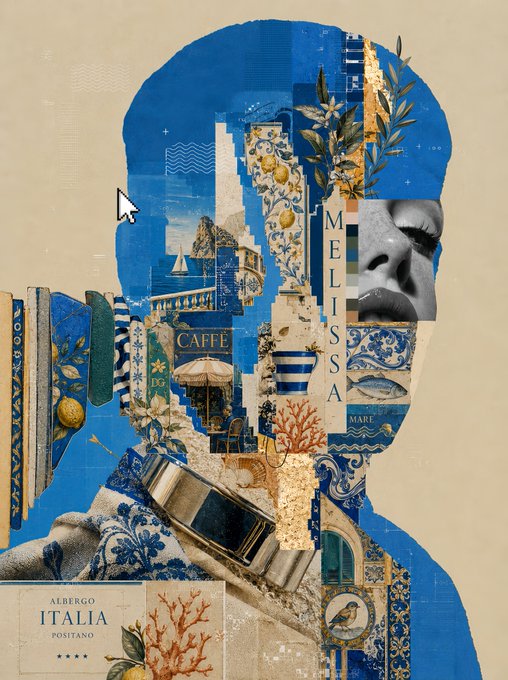 A blue-toned digital collage forms the silhouette of a head, filled with Italian-themed imagery including lemons, an olive branch, a café scene, ceramic tilework, coral, and a classical statue face, with visible text reading "MELISSA," "CAFFÈ," "MARE," and "ALBERGO ITALIA POSITANO."

The image's serene Mediterranean aesthetic contrasts with the post's energetic Friday morning signal, suggesting a moment of calm inspiration before "R3ORDR" is executed.