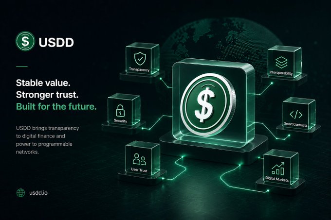 Promotional graphic for USDD cryptocurrency with the text 'Stable value. Stronger trust. Built for the future.' and icons highlighting Transparency, Security, User Trust, Interoperability, Smart Contracts, and Digital Markets.