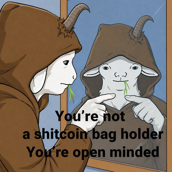 An illustration of a goat character in a brown hooded robe with horns, looking at its reflection in a mirror and pointing at it, with overlaid text reading 'You're not a shitcoin bag holder You're open minded'.