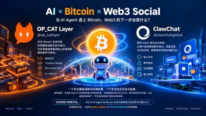 A promotional graphic titled 'AI × Bitcoin × Web3 Social' featuring the OP_CAT Layer and ClawChat (@op_catlayer and @clawchatglobal), with Chinese text describing AI Agent and Bitcoin integration.