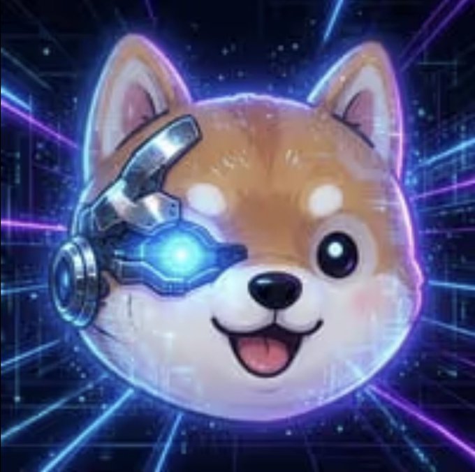 A digital illustration of a smiling Shiba Inu dog character with a glowing blue cybernetic eye implant and metallic headpiece, set against a vibrant neon space background with stars and light rays.