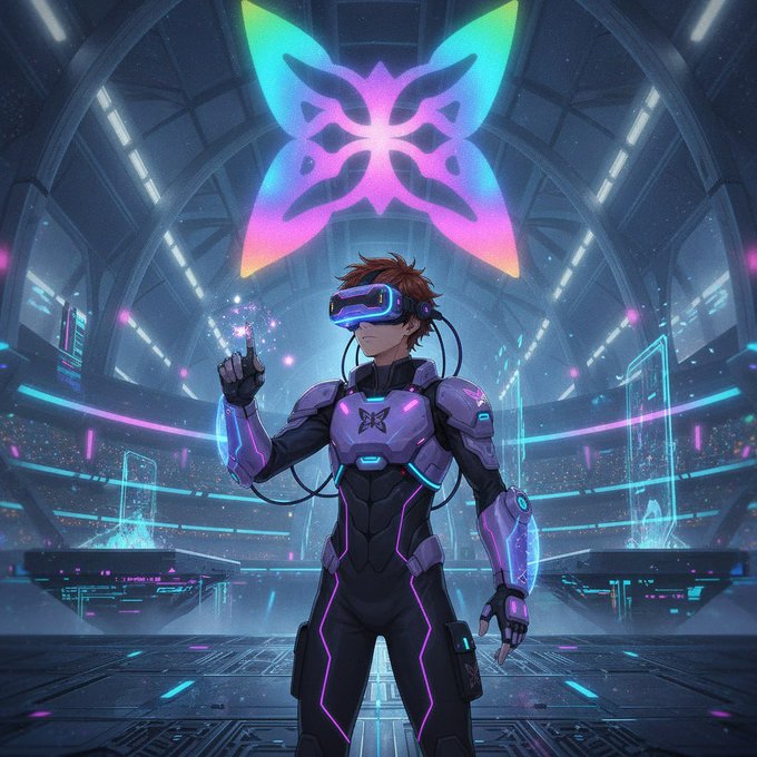 Anime-style illustration of a character wearing a futuristic purple and black exosuit and glowing VR headset, standing in a sci-fi arena with a large iridescent butterfly emblem behind them.