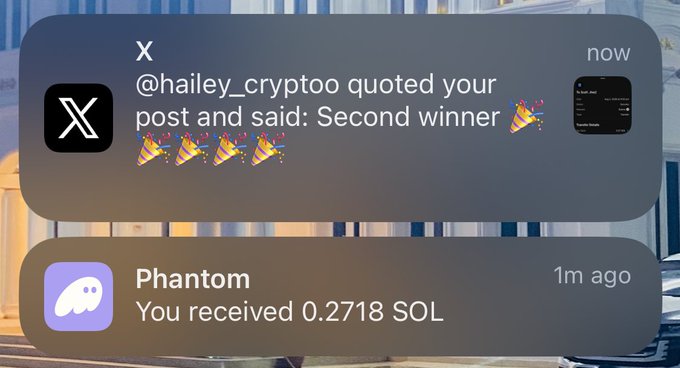 Two mobile notifications are displayed: an X (Twitter) alert from @hailey_cryptoo quoting the user's post with "Second winner 🎉" and party popper emojis, and a Phantom wallet notification confirming the user received 0.2718 SOL, together celebrating a giveaway win.