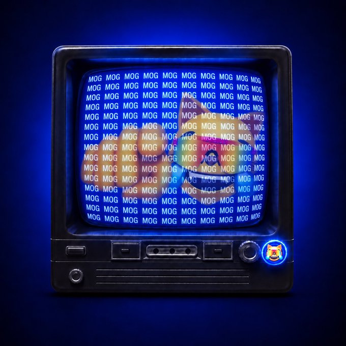 A retro CRT television displaying the word 'MOG' repeated across the screen in a colorful pattern against a blue background.