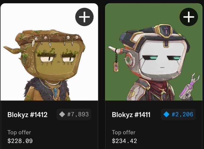 A screenshot of a NFT marketplace showing two Blokyz character items (#1412 and #1411), with top offers of $228.09 and $234.42 respectively.