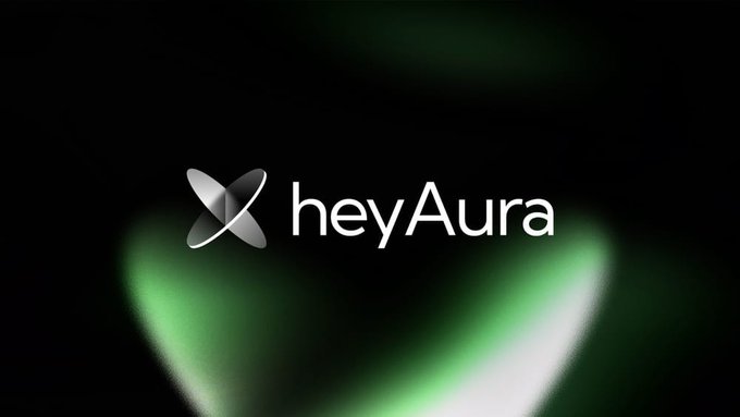 The image features a logo for a company named Hey Aura that specializes in creating AI-powered crypto assistant applications. The logo consists of an x symbol surrounded by a green circle with white lines, which creates a unique and eye-catching design. The text "I recently came across @heyaura" is also present on the image, indicating that the creator or user of the post has discovered this company's services.