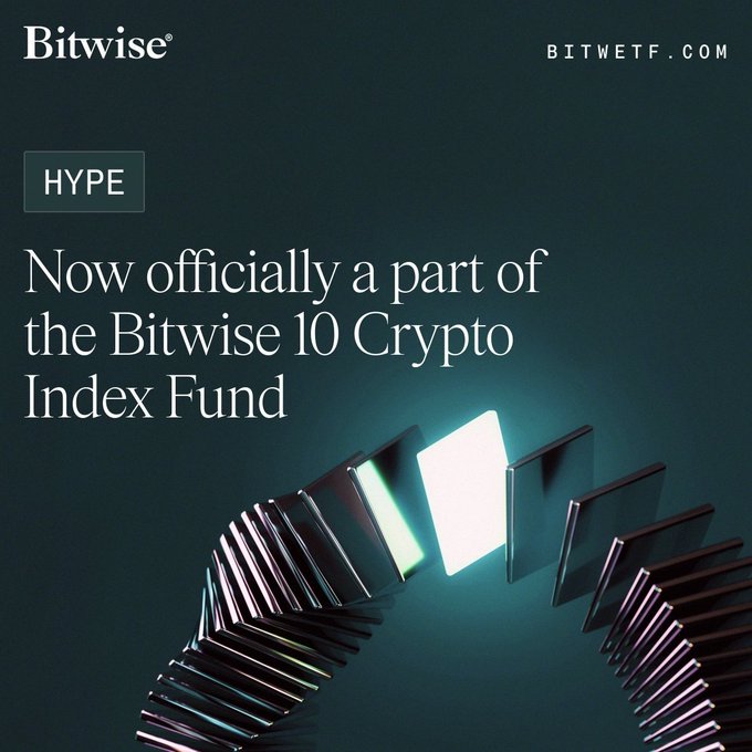 A Bitwise promotional graphic announcing that HYPE has officially been added to the Bitwise 10 Crypto Index Fund (BITW), featuring the Bitwise logo, "BITWETF.COM" in the top right, and a glowing illustration of a domino-like chain on a dark teal background.