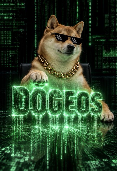 A Shiba Inu dog wearing pixelated sunglasses and a gold chain against a green Matrix-style digital background with the text 'DOGEOS'.