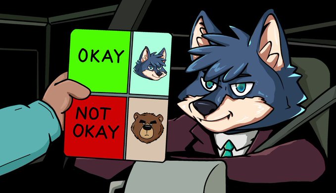 A cartoon illustration of an anthropomorphic husky dog character in a suit holding up an 'OKAY/NOT OKAY' card, with the husky face pictured next to the OKAY option.