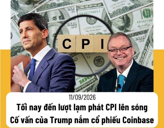 A news graphic dated 11/09/2026 featuring two men in suits against a backdrop of US dollar bills and the letters 'CPI', with Vietnamese text about inflation and a Trump advisor holding Coinbase stock.