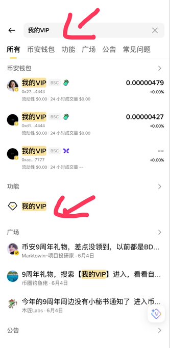 The image shows a cell phone screen with an app called VIP, which stands for "VIP" being the title of the app. The app has multiple posts or messages displayed on its screen, including one that says "币安9周年礼物", indicating it is related to a specific event or occasion. The post also mentions a person named Binancezh and another person named @binancezh, who are likely the authors of the posts.