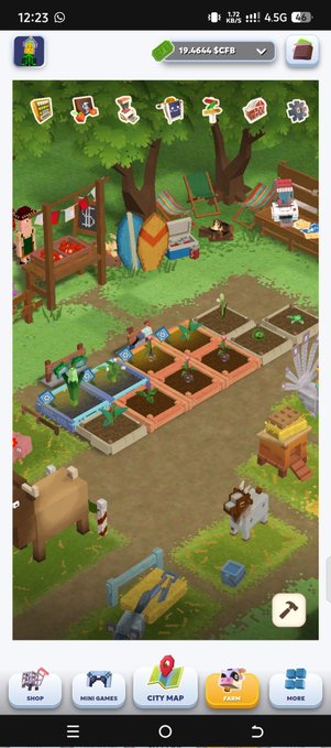 A screenshot of a mobile farming game showing a farm layout with crops, a barn, animals, and various UI elements including 'SHOP', 'MINI GAMES', 'CITY MAP', 'FARM', and 'MORE' at the bottom.