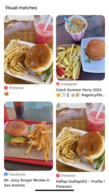 The image is a "Visual matches" screen showing four similar photos of cheeseburgers with fries and pink/berry beverages from sources including Pinterest, Instagram ("Catch Summer Party 2023 #agencylife..."), Facebook ("Mr. Juicy Burger Review in San Antonio"), and a Pinterest profile ("Haflap (haflap00)"). The burgers-and-drinks pairing visually echoes the post's playful "Sips sobo" vibe, suggesting a casual meal and drink moment despite the unrelated "Web3 Machalaaaaaaaa" caption.