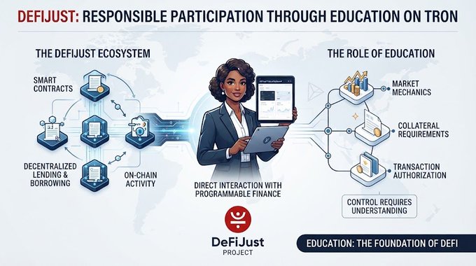 The image is a promotional infographic titled "DeFiJust: Responsible Participation Through Education on Tron," featuring a central illustration of a woman holding a tablet and laptop, surrounded by icons depicting DeFi concepts including smart contracts, decentralized lending & borrowing, and on-chain activity on the left, and educational topics like market mechanics, collateral requirements, and transaction authorization on the right. The graphic emphasizes the project's message that understanding underlying mechanics—not just interacting with smart contracts—is essential for responsible participation in DeFi lending, directly reinforcing the post's point about users needing to comprehend how markets function before supplying assets.