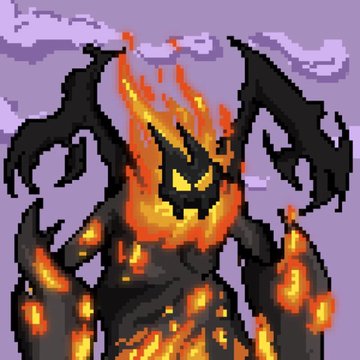 Pixel art of a menacing demonic or fire creature with glowing yellow eyes and orange flame-like patterns on a dark body, set against a pale purple sky background.