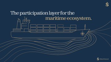 The image is a navy blue graphic featuring a white line illustration of a container ship sailing on stylized waves, with the text "The participation layer for the maritime ecosystem" and a dollar sign ($) in the upper right corner, along with the Ethra Protocol logo in the bottom right. The image visually represents the post's concept of tokenizing ship ownership by framing Ethra Ship as the foundational "participation layer" that makes dividing and transferring ownership of long-lived maritime assets more efficient.