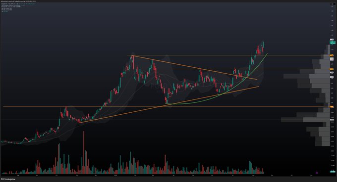 A TradingView candlestick chart for PGLD.v (P2 Gold) on a dark background displays a technical analysis pattern with orange and green trendlines forming a converging triangle/broadening wedge formation, accompanied by volume bars at the bottom and a volume profile histogram on the right side.