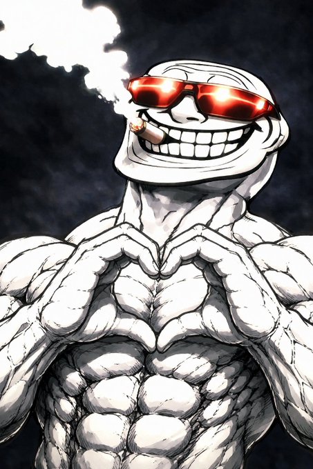 An illustration of a muscular figure with an exaggerated grinning skull face, wearing red sunglasses and smoking a cigar.