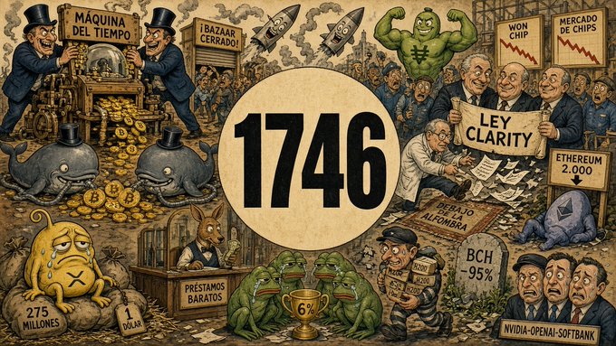 Dense satirical collage centered around the number '1746', featuring caricatures and Spanish labels like 'MÁQUINA DEL TIEMPO', '¡BAZAAR CERRADO!', 'LEY CLARITY', and 'NVIDIA-OPENAI-SOFTBANK'.