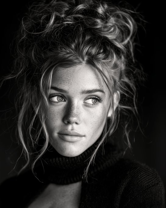 A black-and-white close-up portrait of a freckled young woman with her hair in a messy bun, wearing a dark turtleneck and gazing to the side.