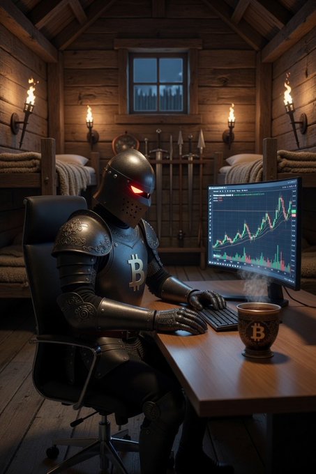 A knight in black armor with a Bitcoin logo on its chest sits at a desk in a wooden cabin, trading cryptocurrency on a computer displaying a candlestick chart next to a coffee mug also bearing the Bitcoin symbol.