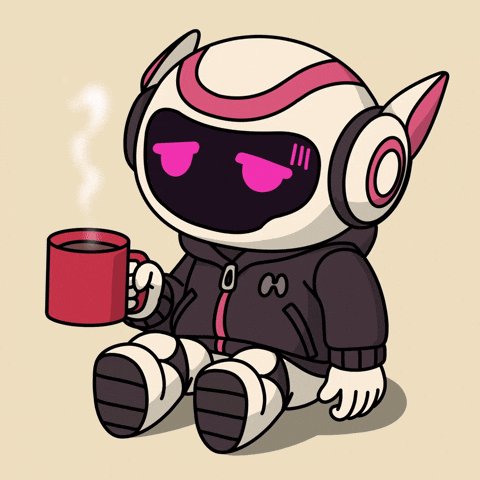 The image features a cartoon robot with pink ears, white body, and black arms holding a red coffee cup. The robot appears to be sitting down while drinking from the cup. The caption at the bottom of the image reads "Good morning legends $MYTHOS $AXIOM $HYPE $MCADE".