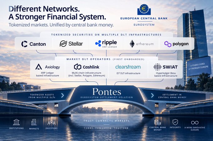 The image is a European Central Bank (ECB) Eurosystem promotional graphic for "Pontes," its settlement solution for tokenized wholesale markets, featuring a bridge over water with the tagline "Different Networks. A Stronger Financial System." It highlights five tokenized securities networks (Canton, Stellar, Ripple XRP Ledger, Ethereum, and Polygon) connecting to first onboarded market DLT operators (Axiology, Cashlink, Clearstream, and SWIAT) for settlement in central bank money, directly tying to the post's announcement of Pontes' launch with Ripple's XRPL as part of the supporting DLT infrastructure.
