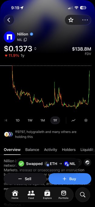 A mobile screenshot showing a cryptocurrency tracking app displaying Nillion (NIL) at $0.1373 with an 11.9% drop over 1 year and a $138.8M FDV.