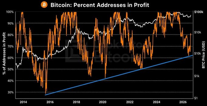 The chart titled "Bitcoin: Percent Addresses in Profit" tracks the percentage of BTC addresses in profit (orange line, left axis) against BTC's price in USD (white line, right axis) from 2014 to 2026, with a blue trendline indicating overall price growth from ~$1k toward $10k+. The post's bullish stance aligns with the chart showing BTC price climbing to new highs while roughly 70% of addresses remain in profit, suggesting continued upward momentum despite the post defending against bearish skepticism.