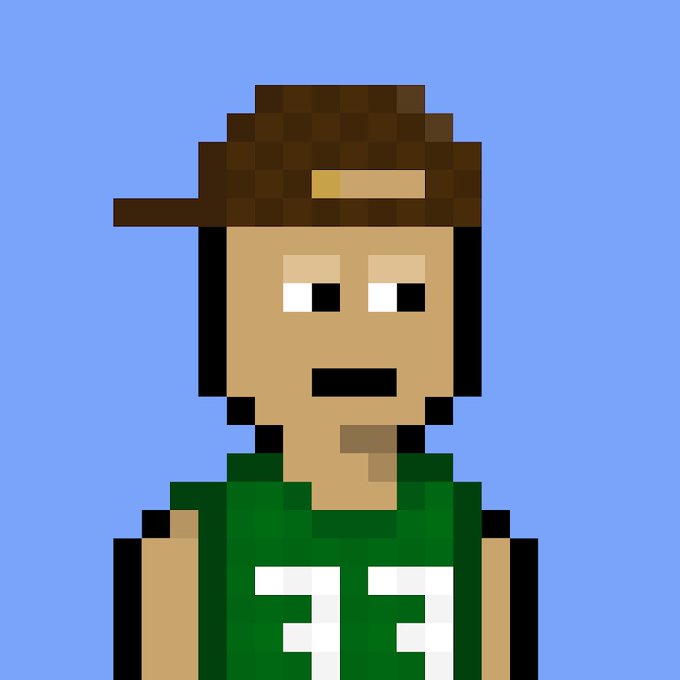 A pixel art portrait of a bearded man wearing a brown cap and green basketball-style jersey with the number "73," styled like an NFT avatar, paired with a sarcastic comment about silence and crypto art. The crude 8-bit aesthetic and self-deprecating tone reinforce the "NFT anon" persona the poster is mocking.
