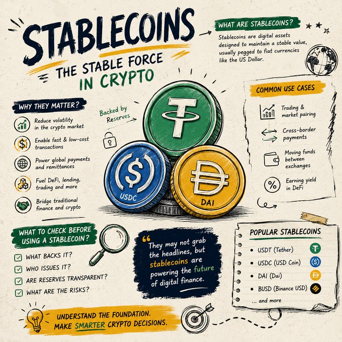 An infographic titled "Stablecoins: The Stable Force in Crypto" illustrates what stablecoins are, highlighting popular ones like USDT, USDC, DAI, and BUSD, along with their use cases, why they matter, and what to check before using them. The visual supports the post's message by emphasizing that stablecoins are a foundational, non-volatile innovation in crypto, powering trading, payments, and DeFi rather than chasing hype.