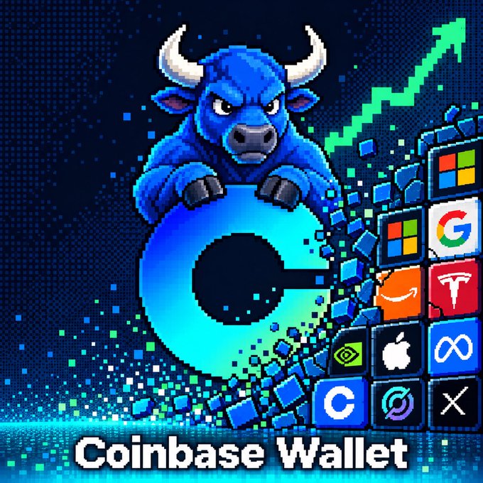 A pixel-art promotional graphic for "Coinbase Wallet" featuring a blue bull atop the logo, alongside an upward green arrow and tech company icons.