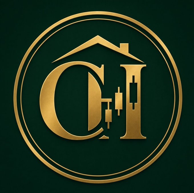 A golden circular logo with the letters 'GH' and a house roof design sits on a dark green background.