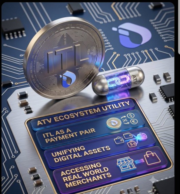 A digital promotional graphic featuring a silver "ITL" coin and capsule on a circuit board background, with text reading "ATV ECOSYSTEM UTILITY," "ITL AS A PAYMENT PAIR," "UNIFYING DIGITAL ASSETS," and "ACCESSING REAL WORLD MERCHANTS."
