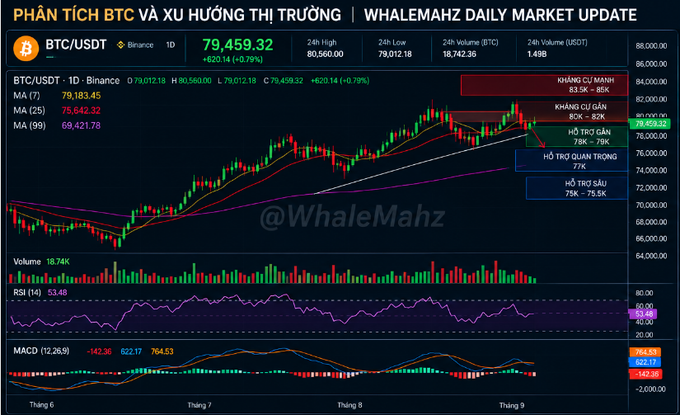 BTC/USDT daily market chart titled 'PHÂN TÍCH BTC VÀ XU HƯỚNG THỊ TRƯỜNG | WHALEMAHZ DAILY MARKET UPDATE', displaying a price of 79,459.32 (+0.79%), moving averages, RSI, MACD indicators, and Vietnamese support/resistance zones.