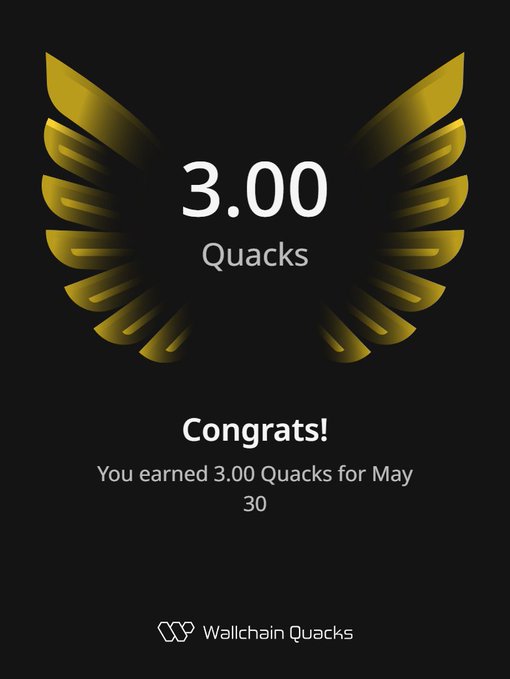 The image shows a poster with an award for Quacks, which is a type of cryptocurrency. It features a gold-colored bird's wing design and displays the number "3.00" as well as the name "Quacks". The text on the poster congratulates users who have earned 3.00 Quacks in one day. The poster also mentions that this achievement can be turned into rewards, such as gaining followers or climbing the leaderboard.