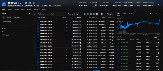 A screenshot of a cryptocurrency trading interface for 'GOD PULL' showing market listings, a price chart at ~0.023 ETH, and an activity feed.