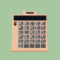 Pixel art illustration of a wooden abacus or letter board displaying rows of the alphabet (Aa-Zz) against a sage green background.