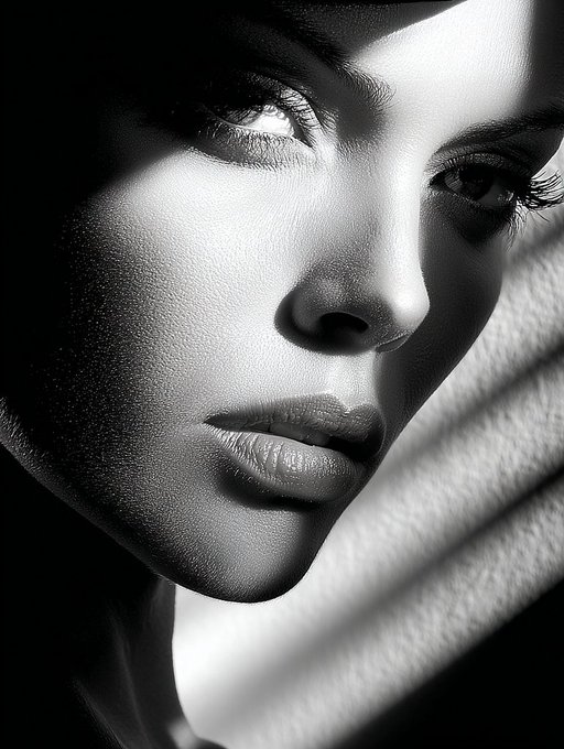 A dramatic black-and-white close-up portrait of a woman's face with striking eyes, illuminated by strong contrast lighting that casts deep shadows across her features.
