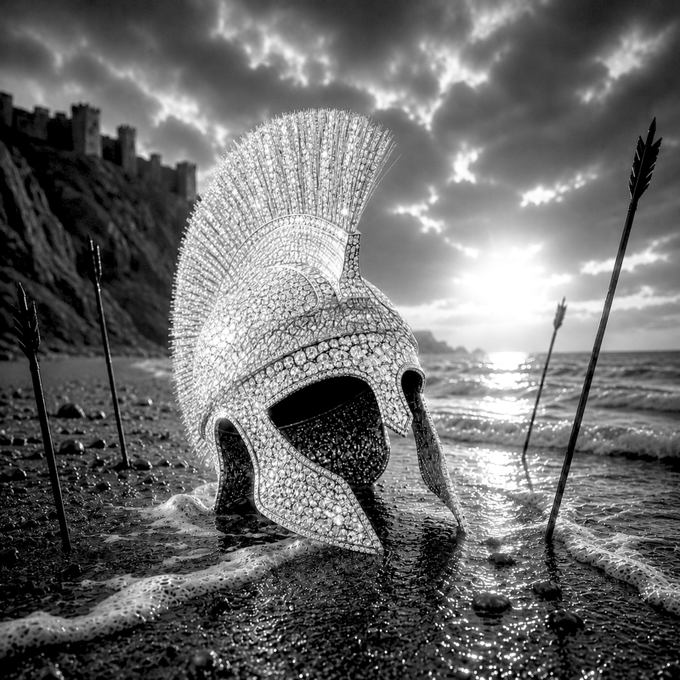 A black-and-white image shows an ornate, ancient-style Greek or Spartan helmet half-buried in the wet sand of a shoreline, surrounded by weathered arrows and distant fortress ruins under a dramatic, cloud-filled sky. The scene evokes the endurance of fallen warriors, reinforcing the message that time rewards those who endure, as the helmet and arrows—symbols of battle—remain standing against the elements long after the conflict has passed.